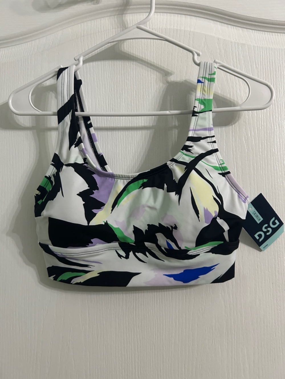 DSG (Dick’s Sporting Goods)White bikini top with Black, Green, Purple Accents
